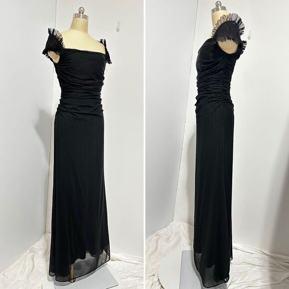 Vtg Tadashi Black Mesh Ruched Maxi Dress S Gothic Vampire Fairygoth Witchy - Picture 2 of 12